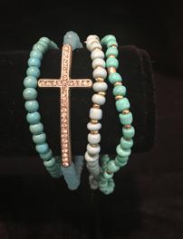 Turquoise bead with rhinsestone cross four strand bracelet 202//264
